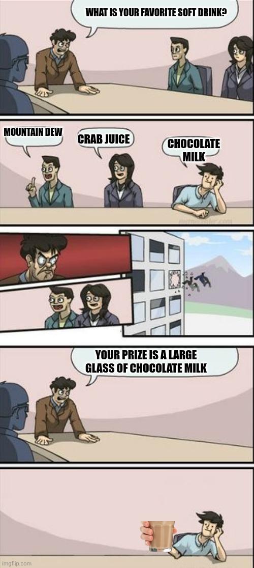 Boardroom Meeting Sugg 2 | WHAT IS YOUR FAVORITE SOFT DRINK? MOUNTAIN DEW; CRAB JUICE; CHOCOLATE MILK; YOUR PRIZE IS A LARGE GLASS OF CHOCOLATE MILK | image tagged in boardroom meeting sugg 2 | made w/ Imgflip meme maker