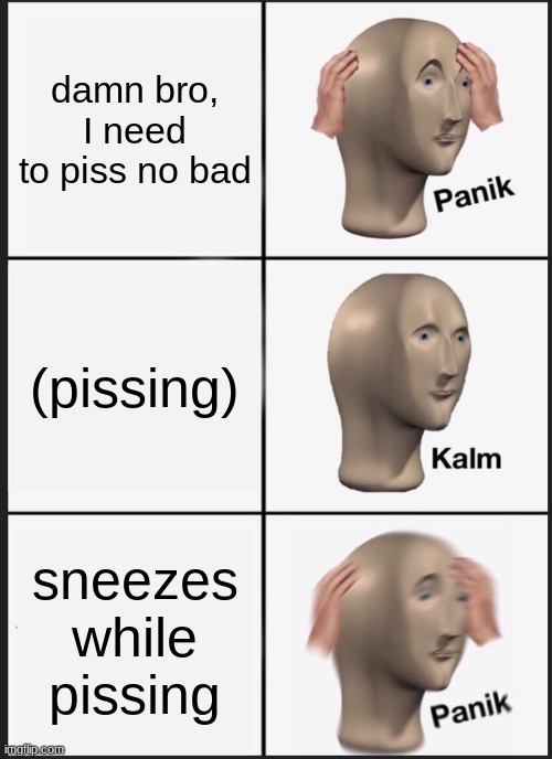 Panik Kalm Panik | damn bro, I need to piss no bad; (pissing); sneezes while pissing | image tagged in memes,panik kalm panik | made w/ Imgflip meme maker
