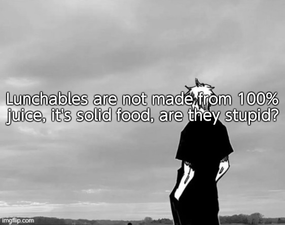 What the flip flop bruzzah | Lunchables are not made from 100% juice, it's solid food, are they stupid? | image tagged in happy gojo | made w/ Imgflip meme maker