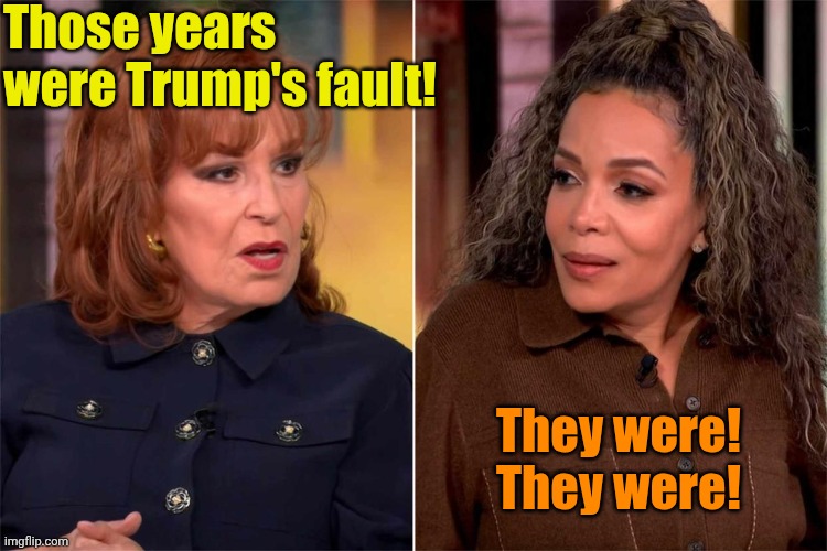 Two dumb women talking | Those years were Trump's fault! They were! They were! | image tagged in two dumb women talking | made w/ Imgflip meme maker