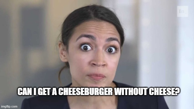just say burger | CAN I GET A CHEESEBURGER WITHOUT CHEESE? | image tagged in crazy alexandria ocasio-cortez,cheeseburger | made w/ Imgflip meme maker