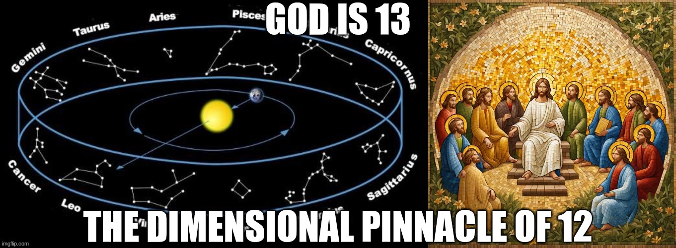 The sun and 12 constellations, God and 12 dimensions, Jesus and 12 disciples. | GOD IS 13; THE DIMENSIONAL PINNACLE OF 12 | image tagged in god,simulation theory,god is light | made w/ Imgflip meme maker