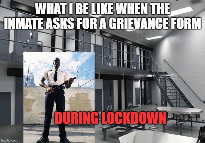 Institutional Lockdown | WHAT I BE LIKE WHEN THE INMATE ASKS FOR A GRIEVANCE FORM; DURING LOCKDOWN | image tagged in prison,prisoners,guard | made w/ Imgflip meme maker