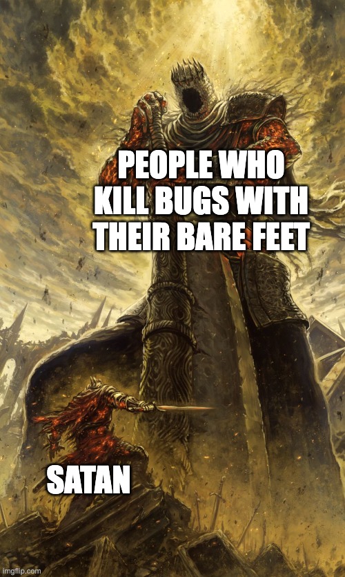 Yhorm Dark Souls | PEOPLE WHO KILL BUGS WITH THEIR BARE FEET; SATAN | image tagged in yhorm dark souls,salad,scary,fun,funny memes | made w/ Imgflip meme maker