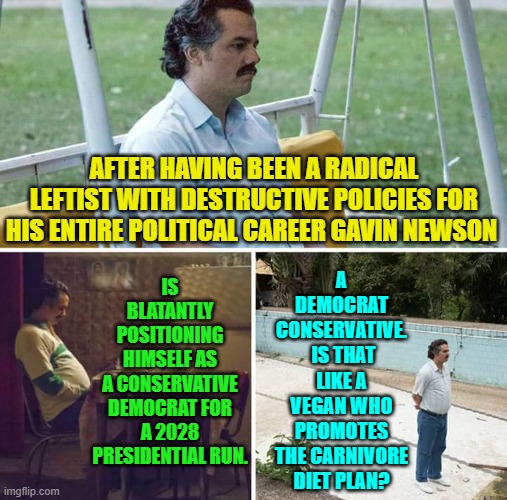 Maybe it's the same as a skyrocketing whale. | IS BLATANTLY POSITIONING HIMSELF AS A CONSERVATIVE DEMOCRAT FOR A 2028 PRESIDENTIAL RUN. A DEMOCRAT CONSERVATIVE.  IS THAT LIKE A VEGAN WHO PROMOTES THE CARNIVORE DIET PLAN? AFTER HAVING BEEN A RADICAL LEFTIST WITH DESTRUCTIVE POLICIES FOR HIS ENTIRE POLITICAL CAREER GAVIN NEWSON | image tagged in sad pablo escobar | made w/ Imgflip meme maker