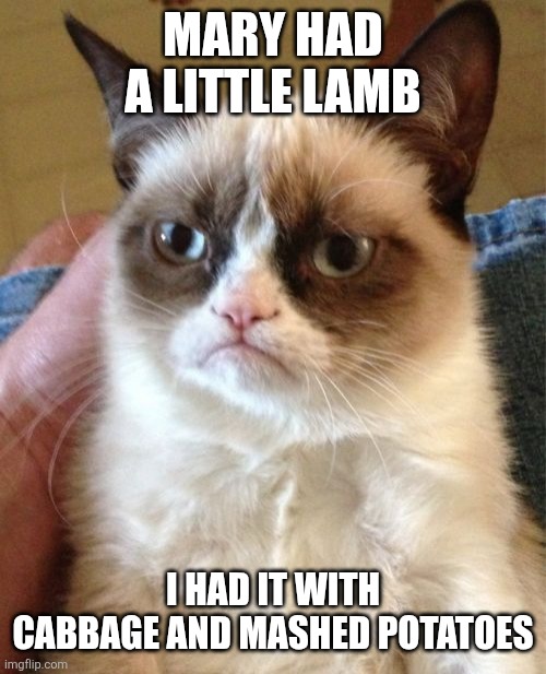 Grumpy Cat | MARY HAD A LITTLE LAMB; I HAD IT WITH CABBAGE AND MASHED POTATOES | image tagged in memes,grumpy cat | made w/ Imgflip meme maker