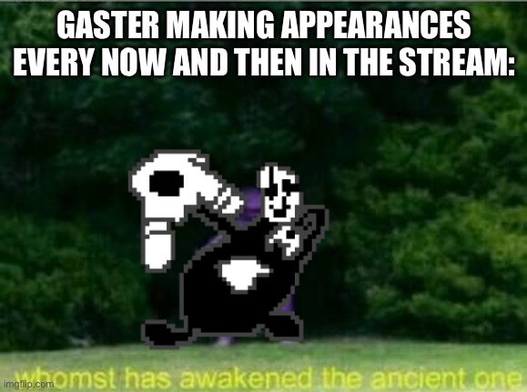 Whomst has awakened the ancient one | GASTER MAKING APPEARANCES EVERY NOW AND THEN IN THE STREAM: | image tagged in whomst has awakened the ancient one | made w/ Imgflip meme maker