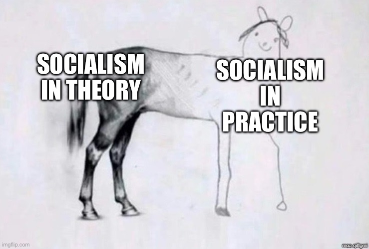 Horse Drawing | SOCIALISM IN THEORY; SOCIALISM IN PRACTICE | image tagged in horse drawing | made w/ Imgflip meme maker
