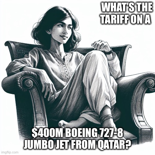 Woman sitting in an armchair | WHAT’S THE TARIFF ON A; $400M BOEING 727-8 JUMBO JET FROM QATAR? | image tagged in woman sitting in an armchair | made w/ Imgflip meme maker