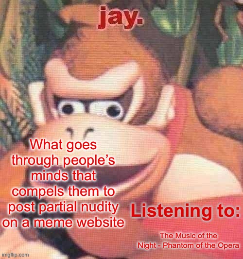 Jay. Updated temp | What goes through people’s minds that compels them to post partial nudity on a meme website; The Music of the Night - Phantom of the Opera | image tagged in jay updated temp | made w/ Imgflip meme maker