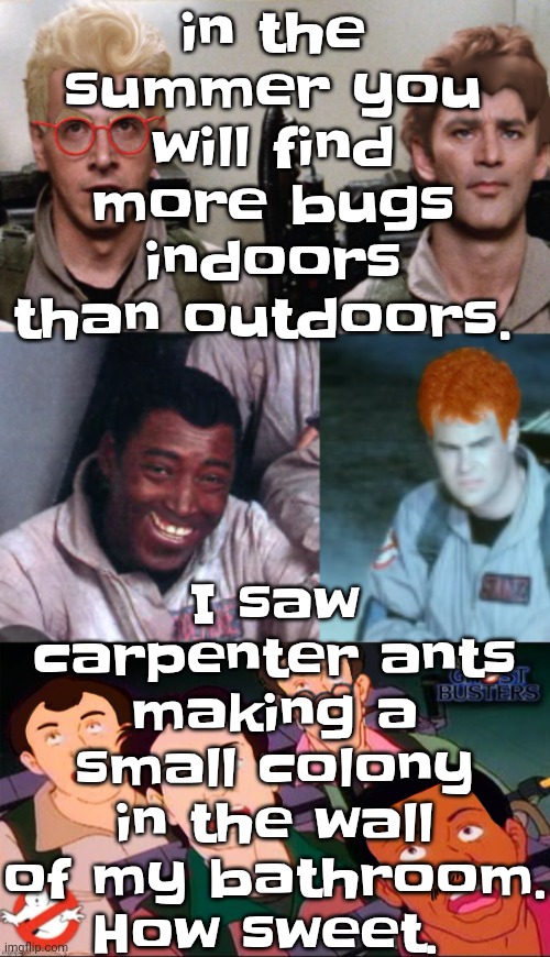 la inconsistency | I saw carpenter ants making a small colony in the wall of my bathroom. How sweet. in the summer you will find more bugs indoors than outdoors. | image tagged in la inconsistency | made w/ Imgflip meme maker
