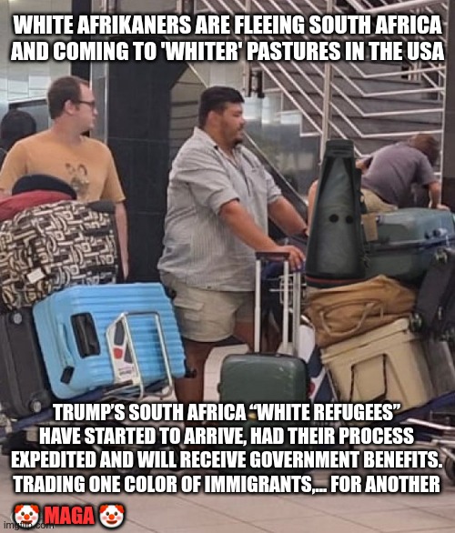 White Immigrants | WHITE AFRIKANERS ARE FLEEING SOUTH AFRICA AND COMING TO 'WHITER' PASTURES IN THE USA; TRUMP’S SOUTH AFRICA “WHITE REFUGEES” HAVE STARTED TO ARRIVE, HAD THEIR PROCESS EXPEDITED AND WILL RECEIVE GOVERNMENT BENEFITS. TRADING ONE COLOR OF IMMIGRANTS,... FOR ANOTHER; 🤡 MAGA 🤡 | image tagged in trump,gop,maga,nazi,fascist,racists | made w/ Imgflip meme maker