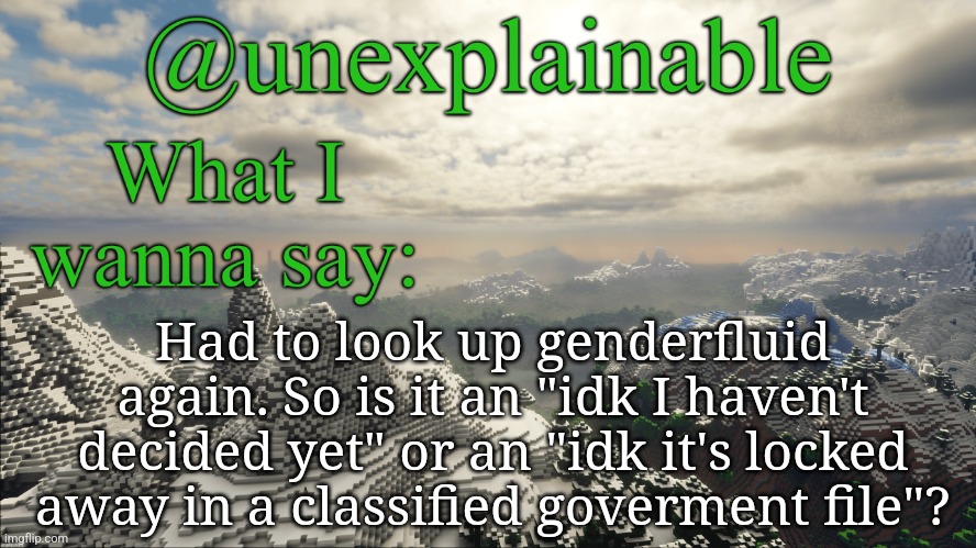 Hmmmm... | Had to look up genderfluid again. So is it an "idk I haven't decided yet" or an "idk it's locked away in a classified goverment file"? | image tagged in what i have to say | made w/ Imgflip meme maker
