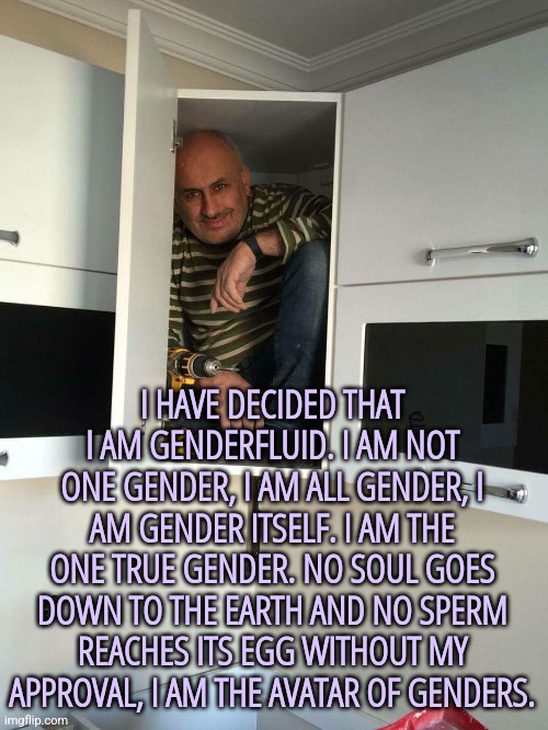Cummi- coming out of the closet | I HAVE DECIDED THAT I AM GENDERFLUID. I AM NOT ONE GENDER, I AM ALL GENDER, I AM GENDER ITSELF. I AM THE ONE TRUE GENDER. NO SOUL GOES DOWN TO THE EARTH AND NO SPERM REACHES ITS EGG WITHOUT MY APPROVAL, I AM THE AVATAR OF GENDERS. | image tagged in guy in the closet | made w/ Imgflip meme maker