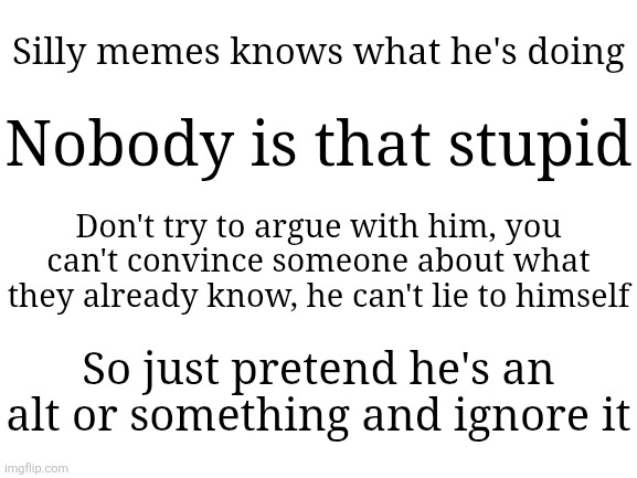 Blank White Template | Silly memes knows what he's doing; Nobody is that stupid; Don't try to argue with him, you can't convince someone about what they already know, he can't lie to himself; So just pretend he's an alt or something and ignore it | image tagged in blank white template | made w/ Imgflip meme maker