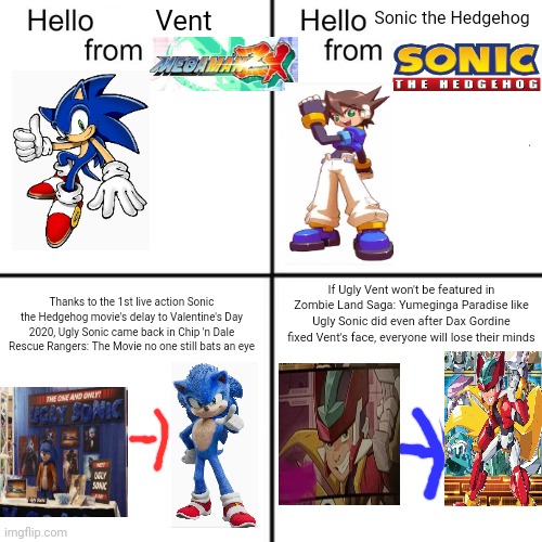 hello person from | Vent; Sonic the Hedgehog; If Ugly Vent won't be featured in Zombie Land Saga: Yumeginga Paradise like Ugly Sonic did even after Dax Gordine fixed Vent's face, everyone will lose their minds; Thanks to the 1st live action Sonic the Hedgehog movie's delay to Valentine's Day 2020, Ugly Sonic came back in Chip 'n Dale Rescue Rangers: The Movie no one still bats an eye | image tagged in hello person from,chip n dale,zombieland saga,megaman zx,ugly sonic | made w/ Imgflip meme maker