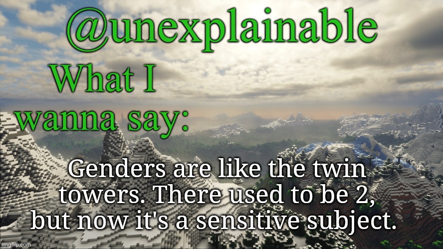 What I have to say: | Genders are like the twin towers. There used to be 2, but now it's a sensitive subject. | image tagged in what i have to say | made w/ Imgflip meme maker