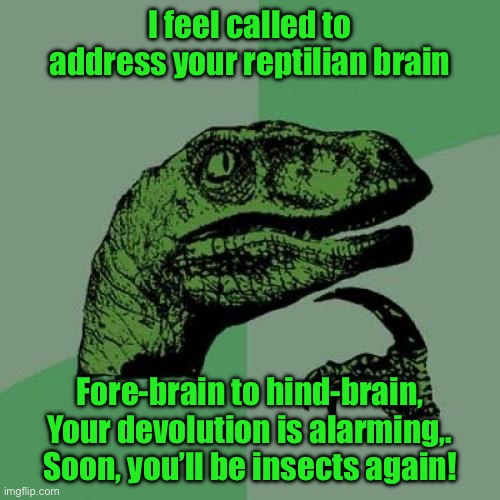 Philosoraptor | I feel called to address your reptilian brain; Fore-brain to hind-brain, Your devolution is alarming,. Soon, you’ll be insects again! | image tagged in memes,philosoraptor | made w/ Imgflip meme maker