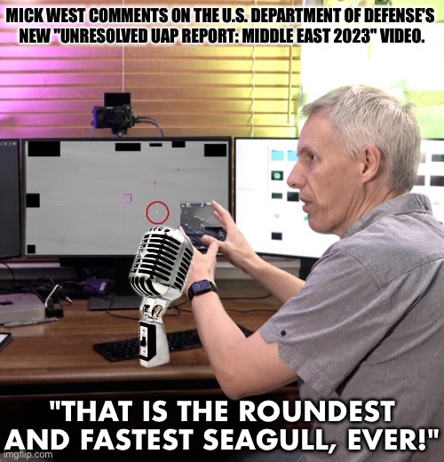 Mick West has found the roundest and fastest seagull. | MICK WEST COMMENTS ON THE U.S. DEPARTMENT OF DEFENSE'S 

NEW "UNRESOLVED UAP REPORT: MIDDLE EAST 2023" VIDEO. "THAT IS THE ROUNDEST AND FASTEST SEAGULL, EVER!" | image tagged in pentagon,us military,defense,us government,ufo,ufos | made w/ Imgflip meme maker