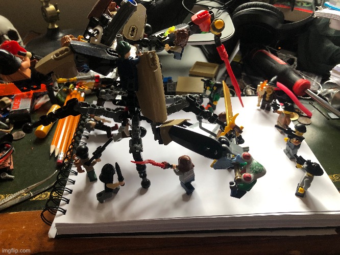 I made my Lego dudes battle this giant robot | image tagged in lego,dudes,battle,giant,robot | made w/ Imgflip meme maker