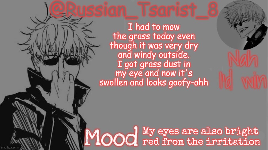 Russian_Tsarist_8 announcement temp (Thanks, Gojo-Satoru) | I had to mow the grass today even though it was very dry and windy outside. I got grass dust in my eye and now it's swollen and looks goofy-ahh; My eyes are also bright red from the irritation | image tagged in russian_tsarist_8 announcement temp thanks gojo-satoru | made w/ Imgflip meme maker