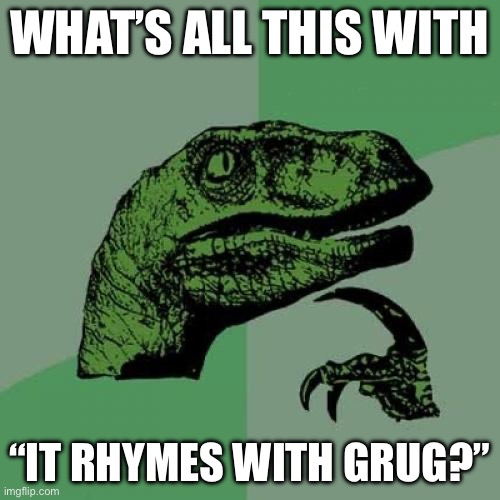 Philosoraptor | WHAT’S ALL THIS WITH; “IT RHYMES WITH GRUG?” | image tagged in memes,philosoraptor | made w/ Imgflip meme maker
