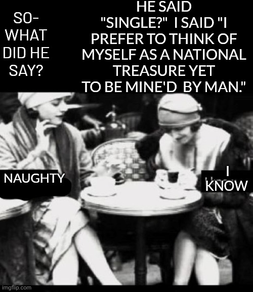 BEING MINE'D | HE SAID "SINGLE?"  I SAID "I PREFER TO THINK OF MYSELF AS A NATIONAL TREASURE YET TO BE MINE'D  BY MAN."; SO- WHAT DID HE SAY? NAUGHTY; I KNOW | image tagged in love is love | made w/ Imgflip meme maker