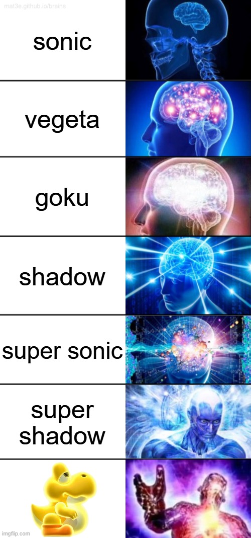 tier list of more powah | sonic; vegeta; goku; shadow; super sonic; super shadow | image tagged in 7-tier expanding brain | made w/ Imgflip meme maker
