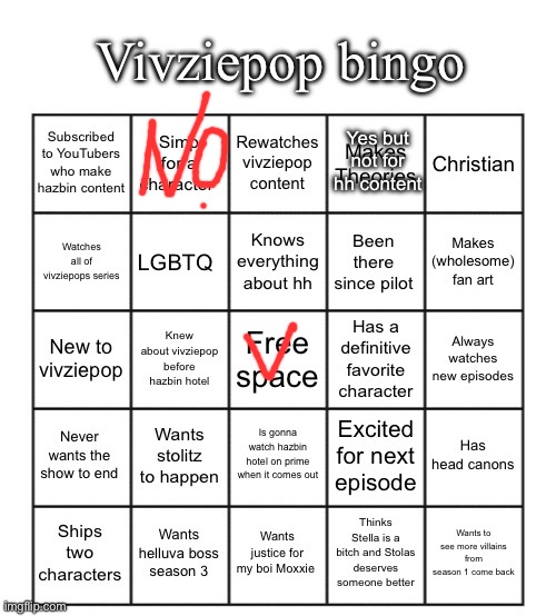 Vivziepop bingo | Yes but not for hh content | image tagged in vivziepop bingo | made w/ Imgflip meme maker