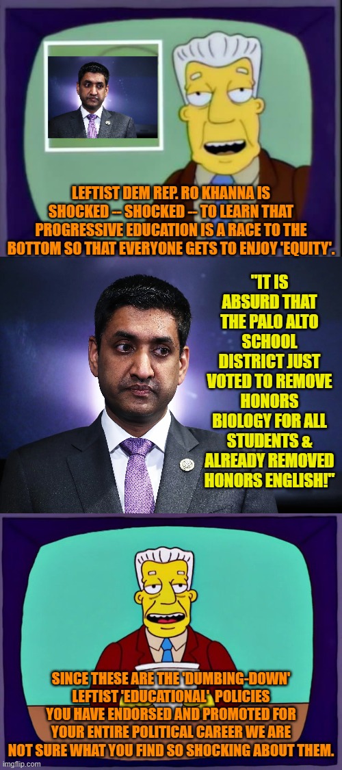 You get the policies that you endorse and fight for tooth and nail.  What a shocker, eh? | "IT IS ABSURD THAT THE PALO ALTO SCHOOL DISTRICT JUST VOTED TO REMOVE HONORS BIOLOGY FOR ALL STUDENTS & ALREADY REMOVED HONORS ENGLISH!"; LEFTIST DEM REP. RO KHANNA IS SHOCKED -- SHOCKED -- TO LEARN THAT PROGRESSIVE EDUCATION IS A RACE TO THE BOTTOM SO THAT EVERYONE GETS TO ENJOY 'EQUITY'. SINCE THESE ARE THE 'DUMBING-DOWN' LEFTIST 'EDUCATIONAL'  POLICIES YOU HAVE ENDORSED AND PROMOTED FOR YOUR ENTIRE POLITICAL CAREER WE ARE NOT SURE WHAT YOU FIND SO SHOCKING ABOUT THEM. | image tagged in yep | made w/ Imgflip meme maker