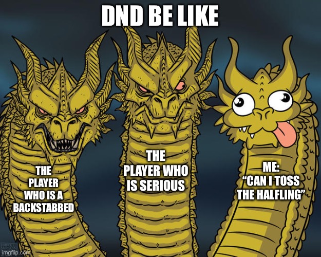 Three-headed Dragon | DND BE LIKE; THE PLAYER WHO IS SERIOUS; ME:
“CAN I TOSS THE HALFLING”; THE PLAYER WHO IS A BACKSTABBED | image tagged in three-headed dragon | made w/ Imgflip meme maker