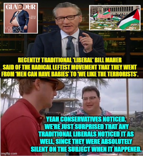 But you A-holes mysteriously didn't speak up.  Yeah, we noticed that, too. | RECENTLY TRADITIONAL 'LIBERAL' BILL MAHER SAID OF THE RADICAL LEFTIST MOVEMENT THAT THEY WENT FROM ‘MEN CAN HAVE BABIES’ TO ‘WE LIKE THE TERRORISTS’. YEAH CONSERVATIVES NOTICED.  WE'RE JUST SURPRISED THAT ANY TRADITIONAL LIBERALS NOTICED IT AS WELL, SINCE THEY WERE ABSOLUTELY SILENT ON THE SUBJECT WHEN IT HAPPENED. | image tagged in see nobody cares | made w/ Imgflip meme maker