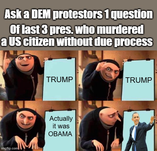 They hate the truth | Ask a DEM protestors 1 question; Of last 3 pres. who murdered a US citizen without due process; TRUMP; TRUMP; Actually it was OBAMA | image tagged in memes,gru's plan | made w/ Imgflip meme maker