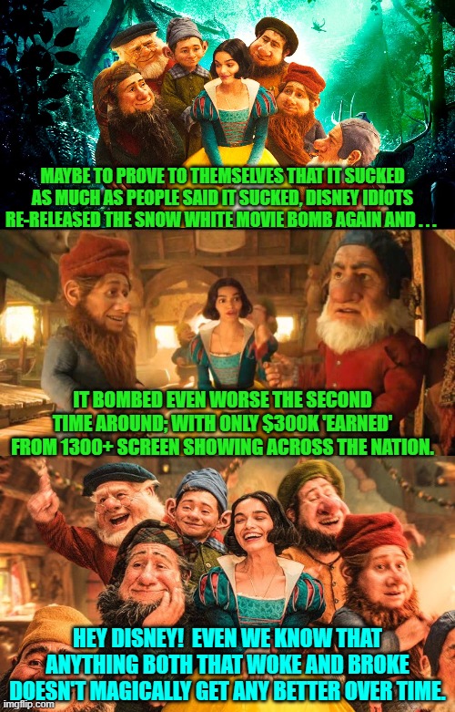 What's puzzling is that WOKE promoting Disney execs seem puzzled as to WHY it sucks. | MAYBE TO PROVE TO THEMSELVES THAT IT SUCKED AS MUCH AS PEOPLE SAID IT SUCKED, DISNEY IDIOTS RE-RELEASED THE SNOW WHITE MOVIE BOMB AGAIN AND . . . IT BOMBED EVEN WORSE THE SECOND TIME AROUND; WITH ONLY $300K 'EARNED' FROM 1300+ SCREEN SHOWING ACROSS THE NATION. HEY DISNEY!  EVEN WE KNOW THAT ANYTHING BOTH THAT WOKE AND BROKE DOESN'T MAGICALLY GET ANY BETTER OVER TIME. | image tagged in yep | made w/ Imgflip meme maker