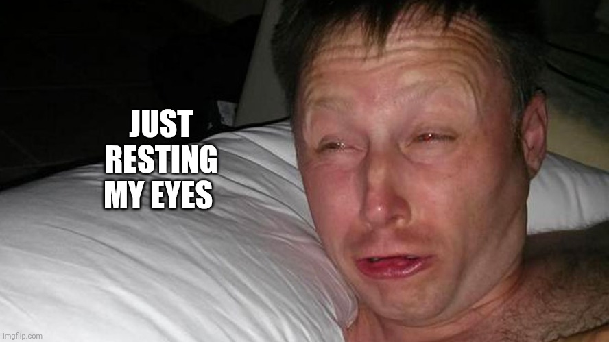 woken up | JUST RESTING MY EYES | image tagged in woken up | made w/ Imgflip meme maker