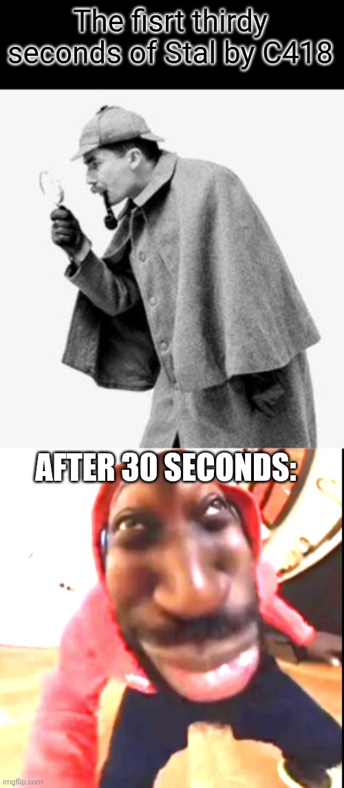The music goes from detective type of music to goofy catoon aah music | The fisrt thirdy seconds of Stal by C418; AFTER 30 SECONDS: | image tagged in c418,detective,to,goofy ahh | made w/ Imgflip meme maker