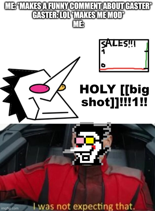 I've never been mod in anything before, I'll do my best to do what's right and not abuse my powers | ME: *MAKES A FUNNY COMMENT ABOUT GASTER*
GASTER: LOL *MAKES ME MOD*
ME:; HOLY [[big shot]]!!!1!! | image tagged in holy crap,big shot,i was not expecting that,spamton,moderators | made w/ Imgflip meme maker