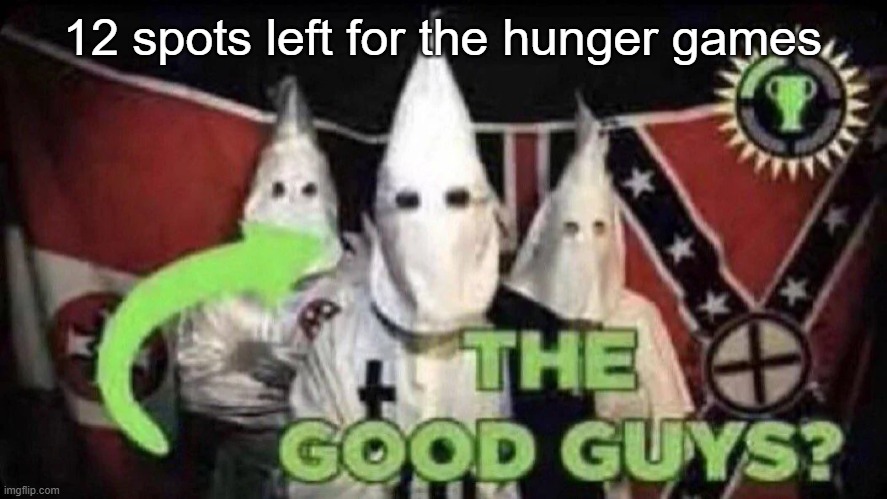 The good guys? | 12 spots left for the hunger games | image tagged in the good guys | made w/ Imgflip meme maker
