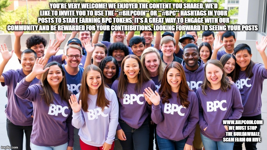 YOU’RE VERY WELCOME! WE ENJOYED THE CONTENT YOU SHARED. WE’D LIKE TO INVITE YOU TO USE THE **#BILPCOIN** OR **#BPC** HASHTAGS IN YOUR POSTS TO START EARNING BPC TOKENS. IT’S A GREAT WAY TO ENGAGE WITH OUR COMMUNITY AND BE REWARDED FOR YOUR CONTRIBUTIONS. LOOKING FORWARD TO SEEING YOUR POSTS; WWW.BILPCOIN.COM WE MUST STOP THE BUILDAWHALE SCAM FARM ON HIVE | made w/ Imgflip meme maker