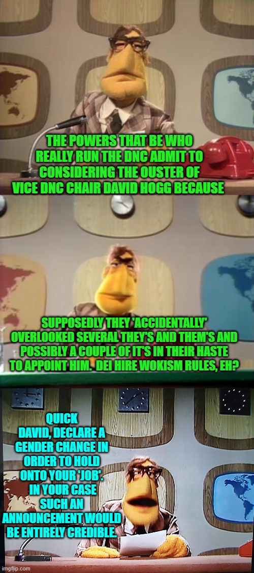 The leftist world of DEI-based wokism is complex. | THE POWERS THAT BE WHO REALLY RUN THE DNC ADMIT TO CONSIDERING THE OUSTER OF VICE DNC CHAIR DAVID HOGG BECAUSE; SUPPOSEDLY THEY 'ACCIDENTALLY' OVERLOOKED SEVERAL THEY'S AND THEM'S AND POSSIBLY A COUPLE OF IT'S IN THEIR HASTE TO APPOINT HIM.  DEI HIRE WOKISM RULES, EH? QUICK DAVID, DECLARE A GENDER CHANGE IN ORDER TO HOLD ONTO YOUR 'JOB'.  IN YOUR CASE SUCH AN ANNOUNCEMENT WOULD BE ENTIRELY CREDIBLE. | image tagged in yep | made w/ Imgflip meme maker