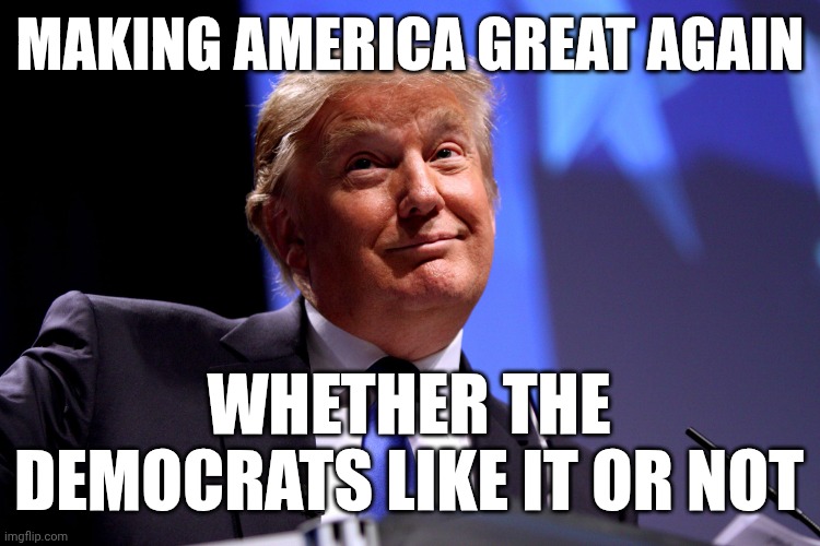 Donald Trump No2 | MAKING AMERICA GREAT AGAIN WHETHER THE DEMOCRATS LIKE IT OR NOT | image tagged in donald trump no2 | made w/ Imgflip meme maker