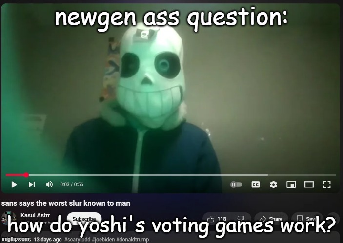 sans says the worst slur known to man | newgen ass question:; how do yoshi's voting games work? | image tagged in sans says the worst slur known to man | made w/ Imgflip meme maker