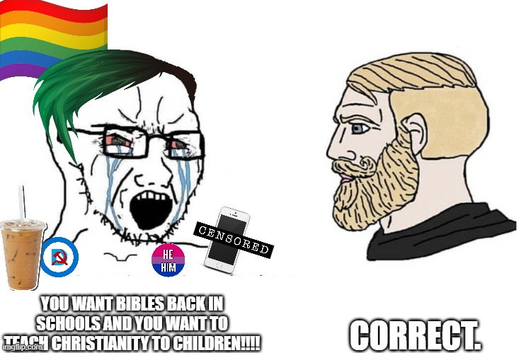 Christ>woke religion | CORRECT. YOU WANT BIBLES BACK IN SCHOOLS AND YOU WANT TO TEACH CHRISTIANITY TO CHILDREN!!!! | image tagged in soyboy vs yes chad,democrats,liberals,based,conservatives,christ is king | made w/ Imgflip meme maker