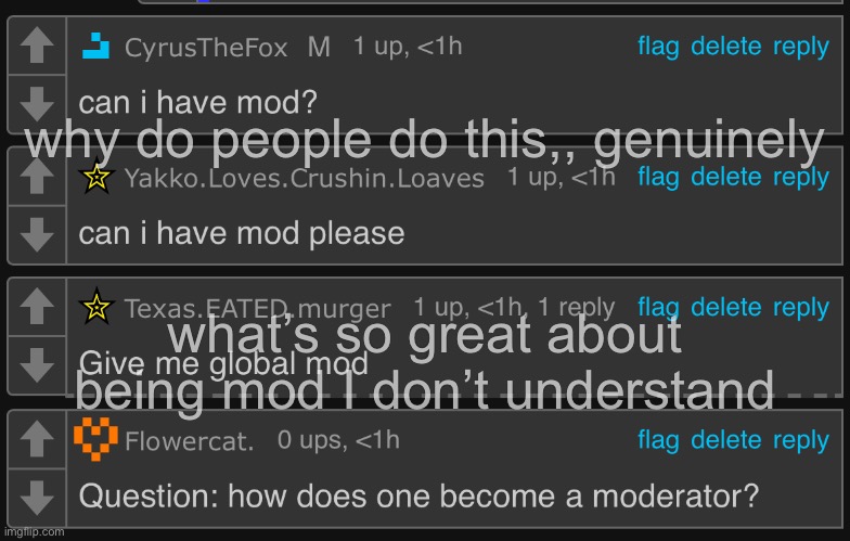 enlighten me | why do people do this,, genuinely; what’s so great about being mod I don’t understand | made w/ Imgflip meme maker