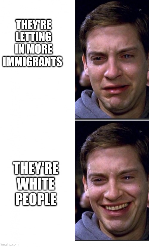 Peter Parker crying/happy | THEY'RE LETTING IN MORE IMMIGRANTS; THEY'RE WHITE PEOPLE | image tagged in peter parker crying/happy | made w/ Imgflip meme maker