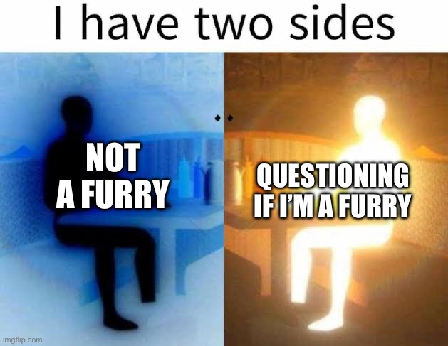 I DONT KNOW WHAT I AM RELATING TO FURRIES ANYMORE | QUESTIONING IF I’M A FURRY; NOT A FURRY | image tagged in i have 2 sides | made w/ Imgflip meme maker