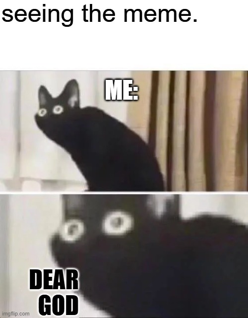 Oh No Black Cat | seeing the meme. DEAR GOD ME: | image tagged in oh no black cat | made w/ Imgflip meme maker