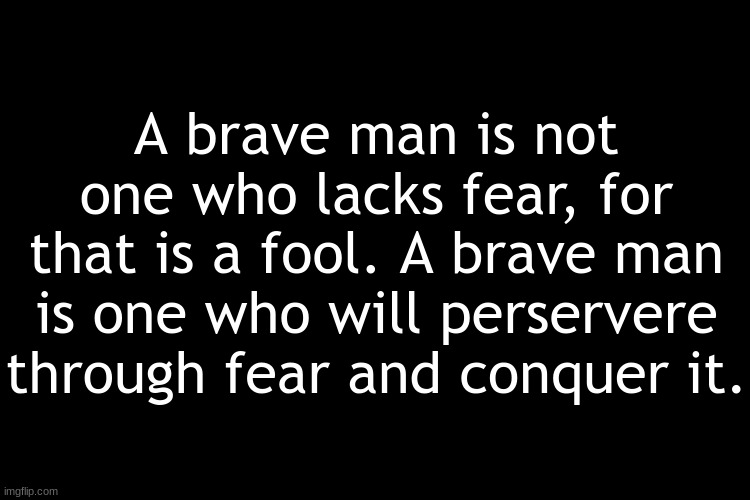 wiseposting 1 | A brave man is not one who lacks fear, for that is a fool. A brave man is one who will perservere through fear and conquer it. | image tagged in wiseposting | made w/ Imgflip meme maker