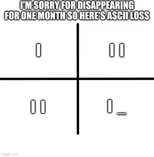 Y'all forgive me, right? | I'M SORRY FOR DISAPPEARING FOR ONE MONTH SO HERE'S ASCII LOSS; I  I; I; I  I; I  _ | image tagged in memes,blank starter pack | made w/ Imgflip meme maker