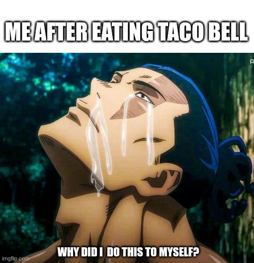TODOOOOOOO! | ME AFTER EATING TACO BELL; WHY DID I  DO THIS TO MYSELF? | image tagged in todo crying | made w/ Imgflip meme maker
